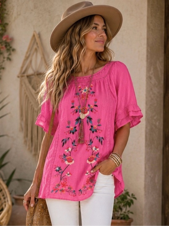 Umgee Tops - Umgee Women’s Top Hot Pink Floral Embroidery Eyelet Lace Short Sleeve Size Large